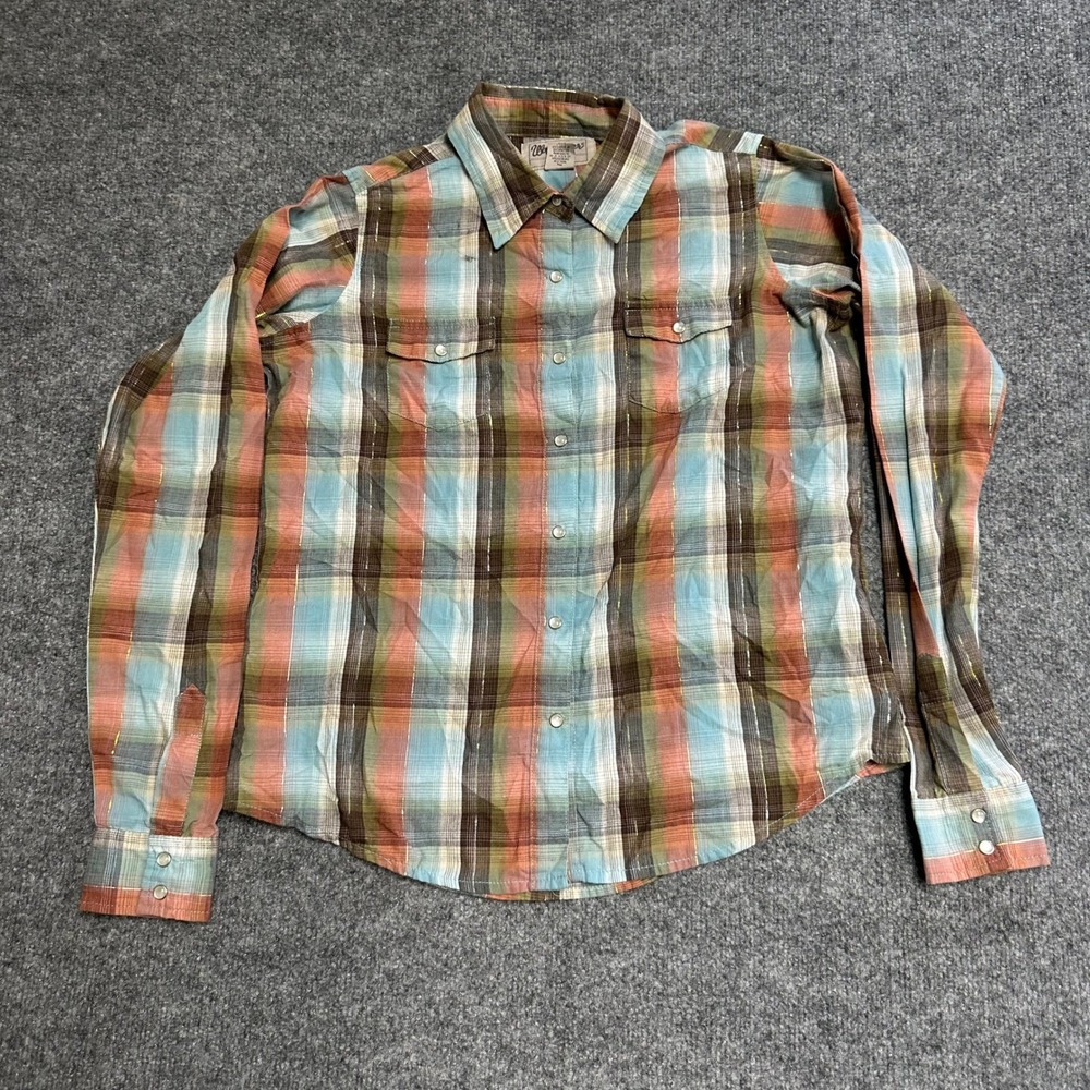 Wrangler Shirt Womens Size M Plaid Western Snap Metallic Thread Long Sleeve